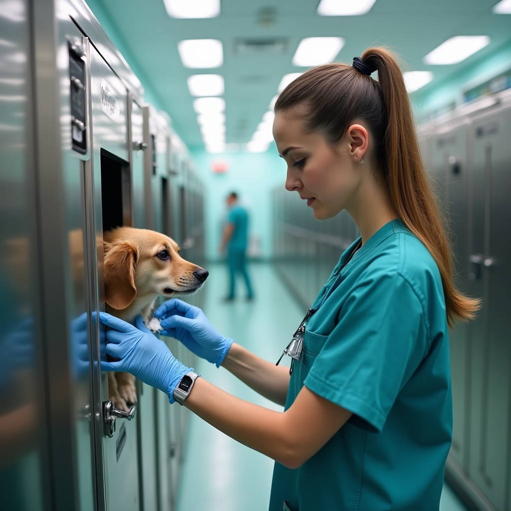 Veterinario administrando medicación en el área de hospitalización según la pauta programada en el sistema