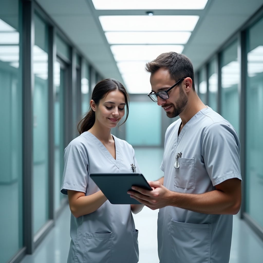 Equipo veterinario utilizando el software Orimor Hub en una tablet durante la ronda de hospitalización
